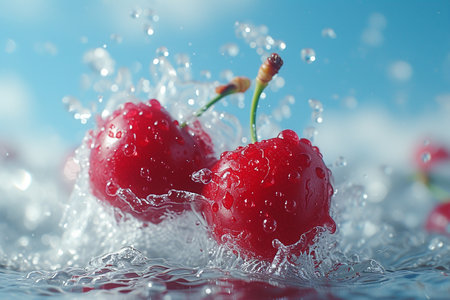 cherry with water splash on blue background. cherry in water splashesの素材