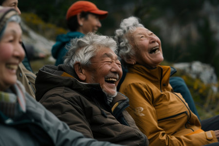 Group of senior asian people sitting on the mountain and laughing.の素材