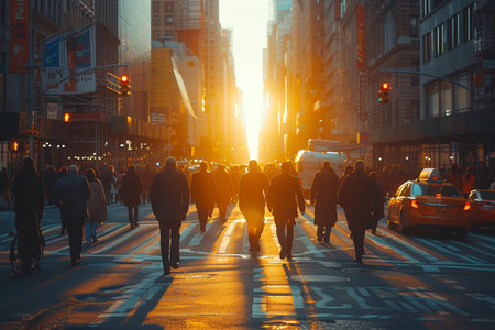 Manhattan street view at sunset. People walking on the street.の素材