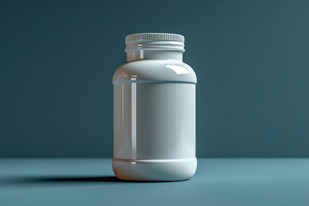 Bottle of pills on blue background. 3D rendered illustration.の素材