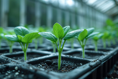 Young seedlings of pepper in peat pots in a greenhouse.の素材