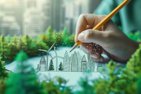 Eco friendly city concept with green city, wind turbine and treesの素材