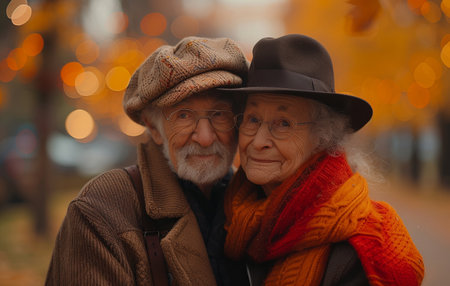 Portrait of senior couple in hats and scarves on city streetの素材