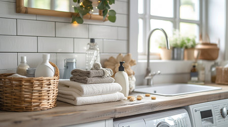 Basket with towels and soap on the countertop in the kitchenの素材