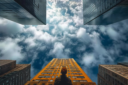 New York City Manhattan midtown skyscrapers and blue sky with clouds.の素材