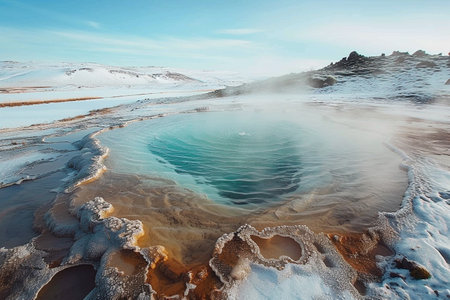 Icelandic winter landscape with geothermal springs and hot springs.の素材