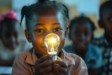 Portrait of cute african american boy holding light bulb in classroomの素材
