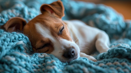 Jack russell terrier puppy sleeping on a knitted blanketの素材