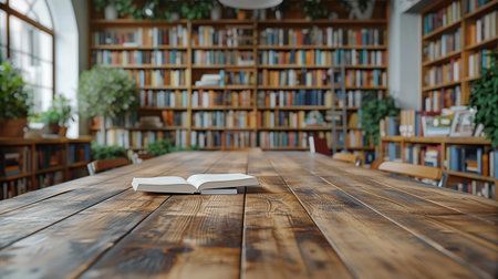 Open book on wooden table in library, education and reading concept.の素材