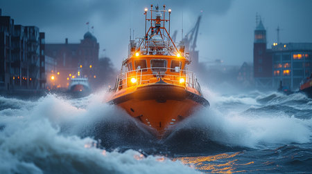 Tugboat in the middle of a stormy sea at nightの素材