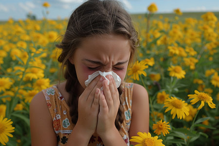 Little girl with allergy sneezing in a field of yellow flowersの素材
