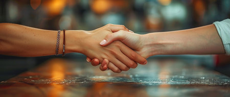 Close-up of two young women shaking hands with each other.の素材