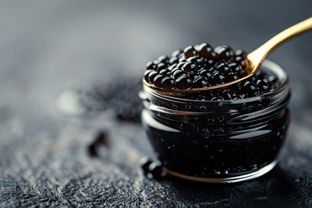 Black caviar in a spoon on a dark background. Selective focus.の素材