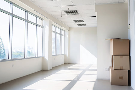 Empty room with cardboard boxes in a new house. 3d renderingの素材