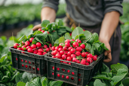 Harvesting radishes in a greenhouse. Selective focus. natureの素材