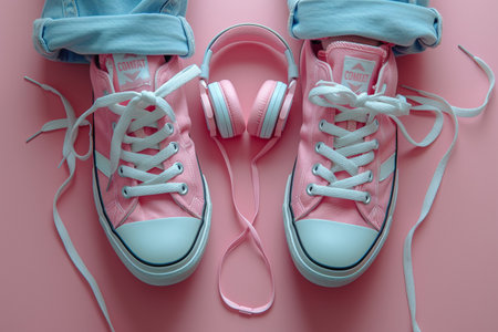 Pair of pink sneakers with headphones on pink background. top viewの素材