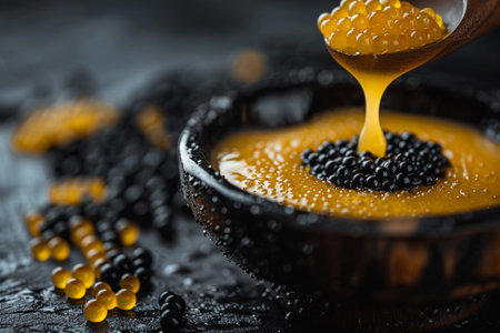 Black and yellow caviar in a wooden bowl on a black background.の素材