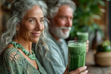 Portrait of smiling senior couple with glass of green smoothie at homeの素材