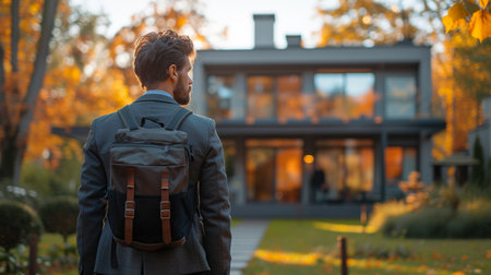 Back view of young man with backpack standing in front of modern houseの素材