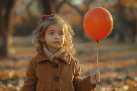 Cute little girl with red balloon in autumn park. Happy childhood.の素材