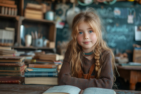 Portrait of a cute little girl sitting at the table with booksの素材