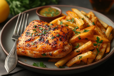 Plate with tasty grilled chicken fillet and french fries on tableの素材