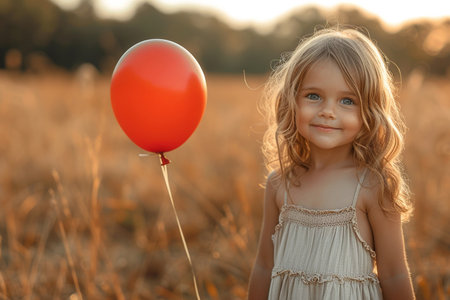 Cute little girl with red balloon in field at sunset, closeupの素材