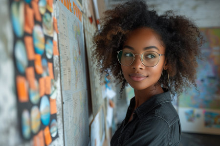 Portrait of african american girl in eyeglasses looking at camera in classroomの素材