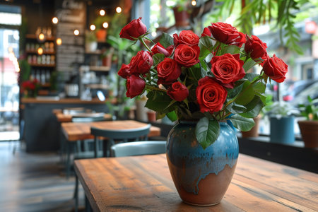 Bouquet of red roses in vase on wooden table in cafeの素材