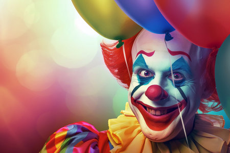 Portrait of a funny clown with balloons on a colorful background.の素材