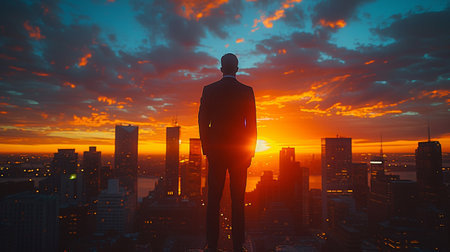 Silhouette of a businessman standing on top of a skyscraper and looking at the sunsetの素材