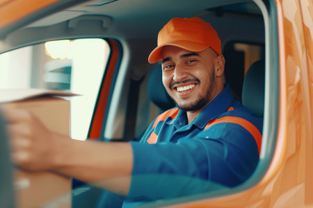 Smiling delivery man in orange uniform delivering parcel to customer in carの素材