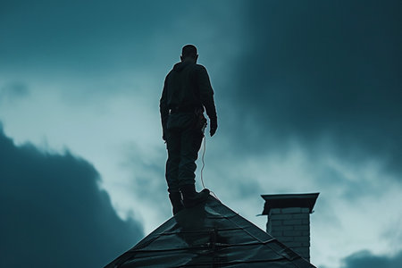 Silhouette of a man standing on the roof of the houseの素材