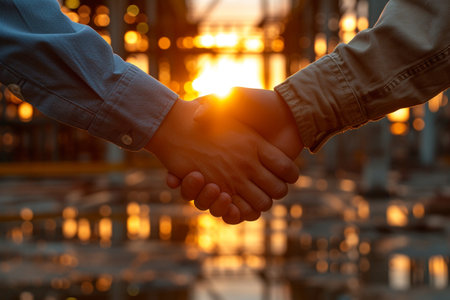 Close up of business people shaking hands on sunset background. Teamwork conceptの素材