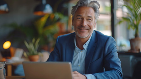 Portrait of smiling mature businessman using laptop in cafe. Cheerful mature man working on computer while sitting in cafe. business conceptの素材