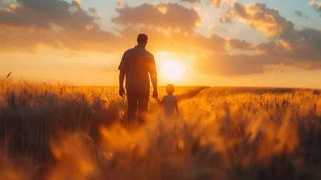Father and son walking in wheat field at sunset. Concept of friendly family.の素材