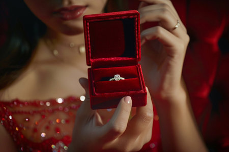 Close-up of a woman in red dress holding a ring boxの素材