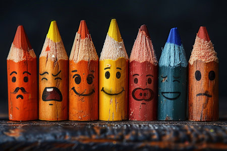 Colorful pencils with smiley faces on a dark background.の素材