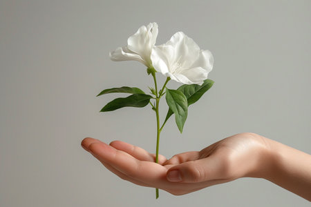 Female hand holding a beautiful white flower on gray background, closeupの素材