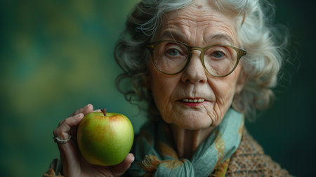 Portrait of an elderly woman with apple. Close-up.の素材