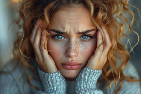 Close up portrait of a sad young woman with freckles.の素材