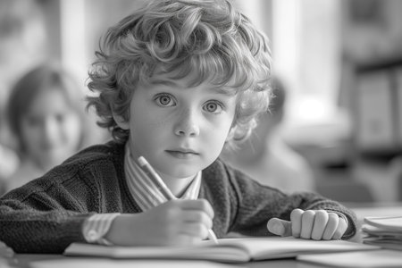 Portrait of cute little boy doing homework at home. Black and white.の素材