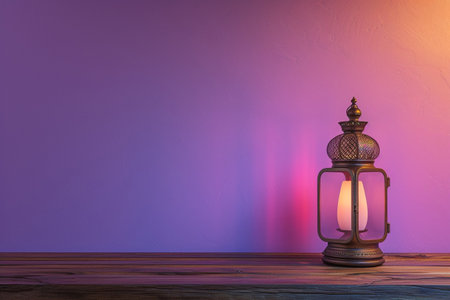 Vintage oil lamp on wooden table in front of purple wall.の素材