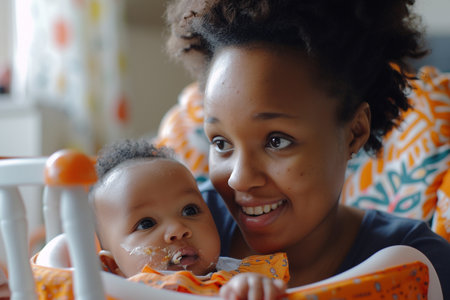 Portrait of happy african american mother with baby boy at homeの素材