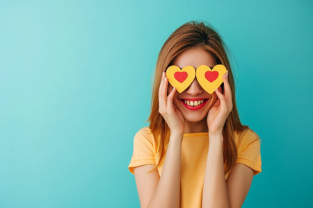 Beautiful young woman holding paper hearts over her eyes on blue backgroundの素材