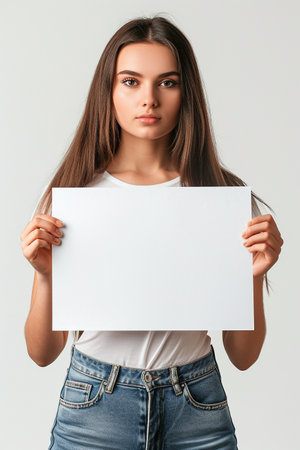 Portrait of a beautiful young woman holding a blank sheet of paperの素材