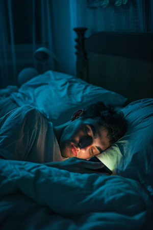 Young man sleeping in bed at night in the light of the lampの素材