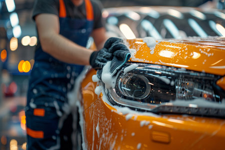 Car wash. Man washing orange car with sponge in car wash.の素材
