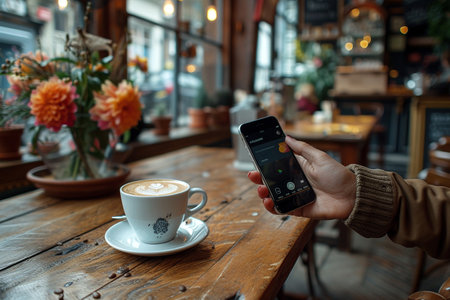 Close-up image of a woman's hand holding a smart phone and drinking coffee in a cafeの素材