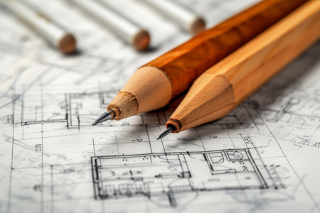 Architectural plans, pencils and drawing tools on construction siteの素材